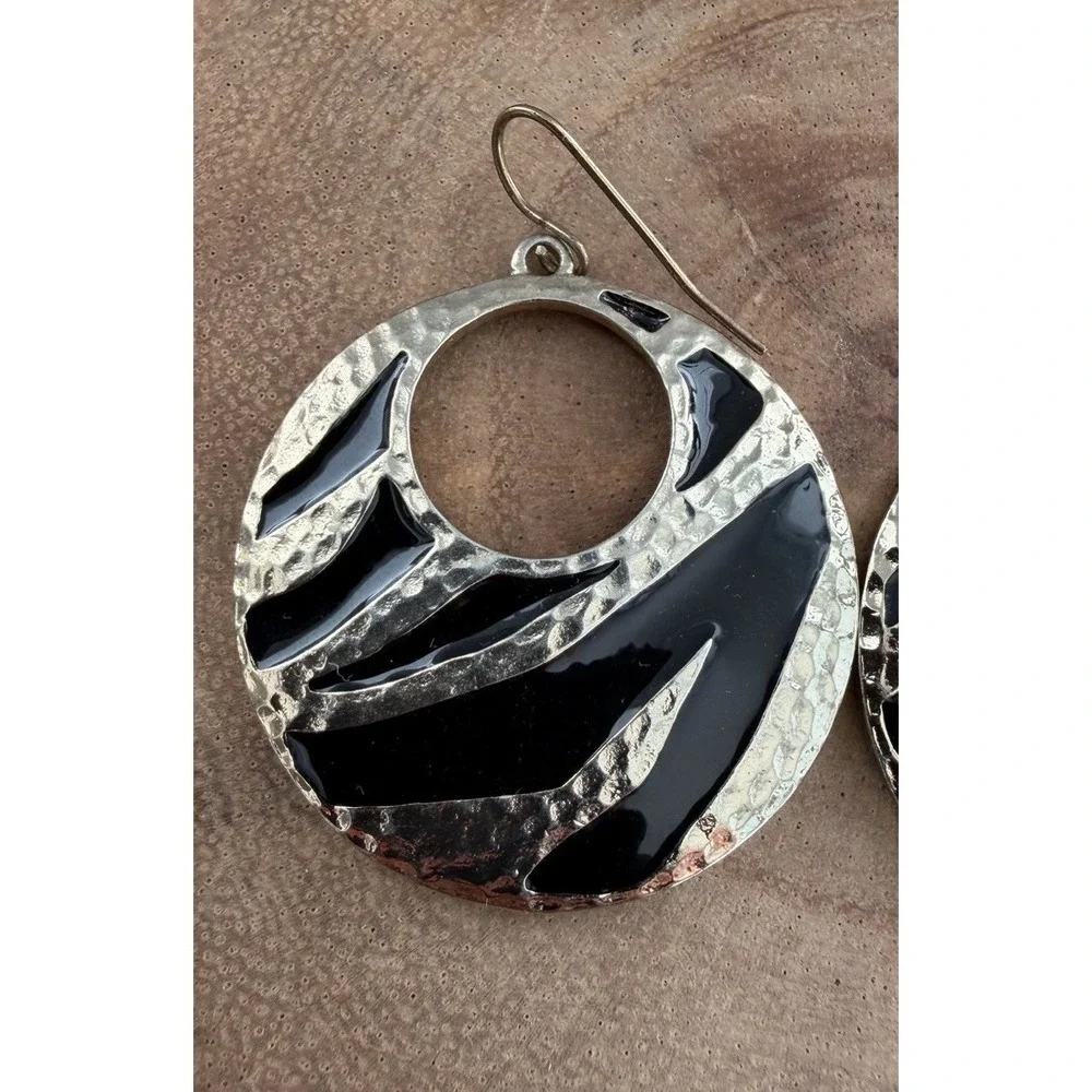 Round Zebra Print Dangle Drop Earrings Metal Gold & Black Half Moon Statement